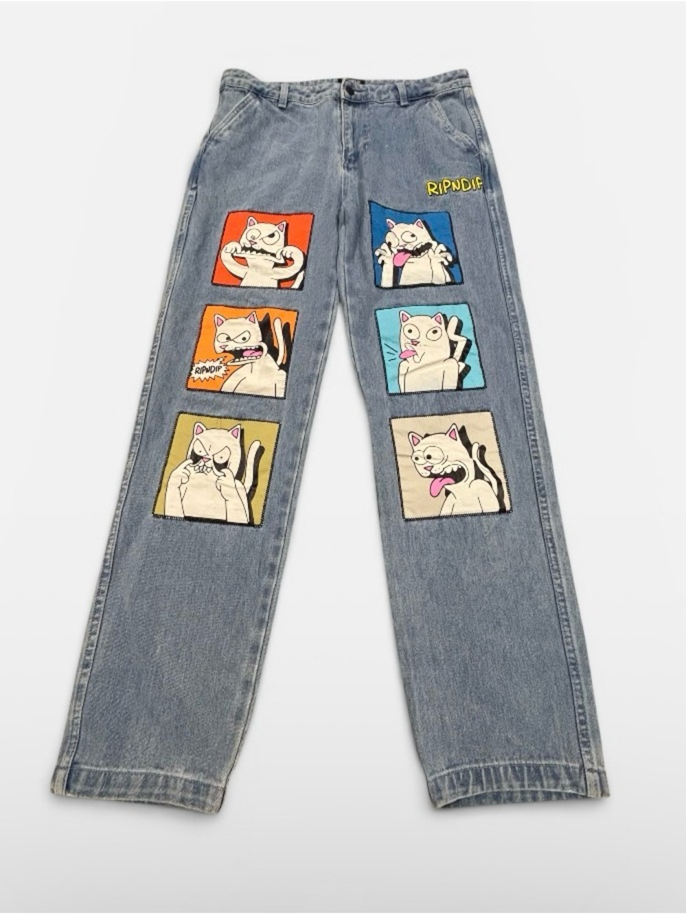 Ripndip Light Wash Jeans with Multicolor Cartoon Cat Patches